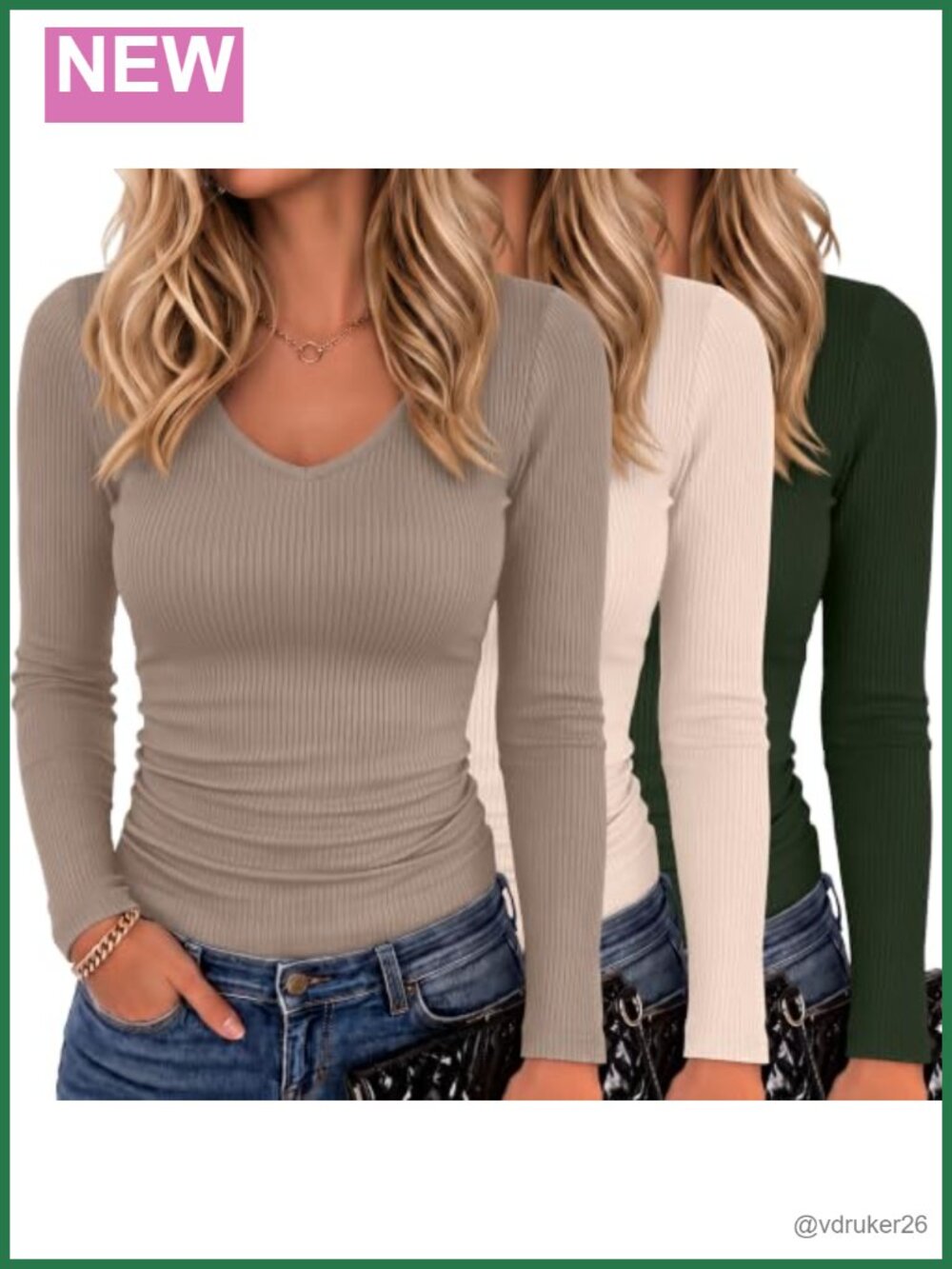 3 Pack Women's Ribbed Long Sleeve V Neck Cotton Shirts Slim Fit Tees